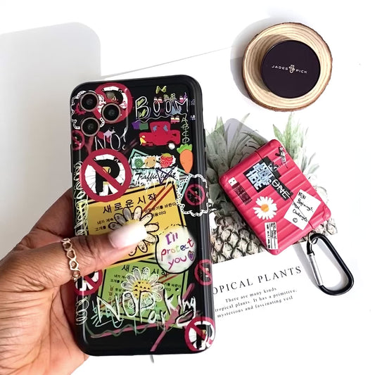 Protective Graffiti Matching iPhone Case and Airpod Case set Clearance