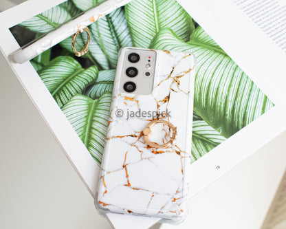 Shockproof white marble ring support protective mobile phone case for Samsung